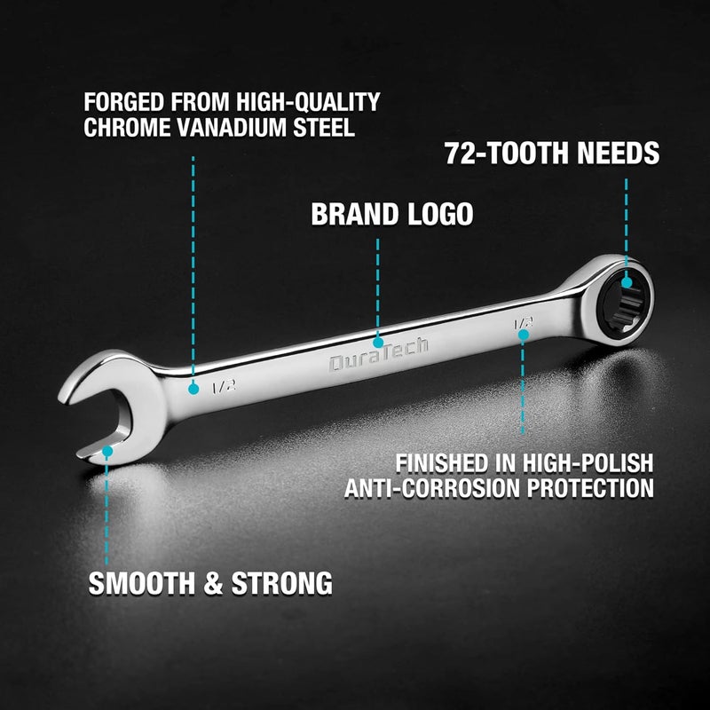 DURATECH Ratcheting Wrench Set, Combination Wrench Set, SAE & Metric, 22-piece, 1/4" to 3/4" & 6-18mm, CR-V Steel, with Pouch - Image 3